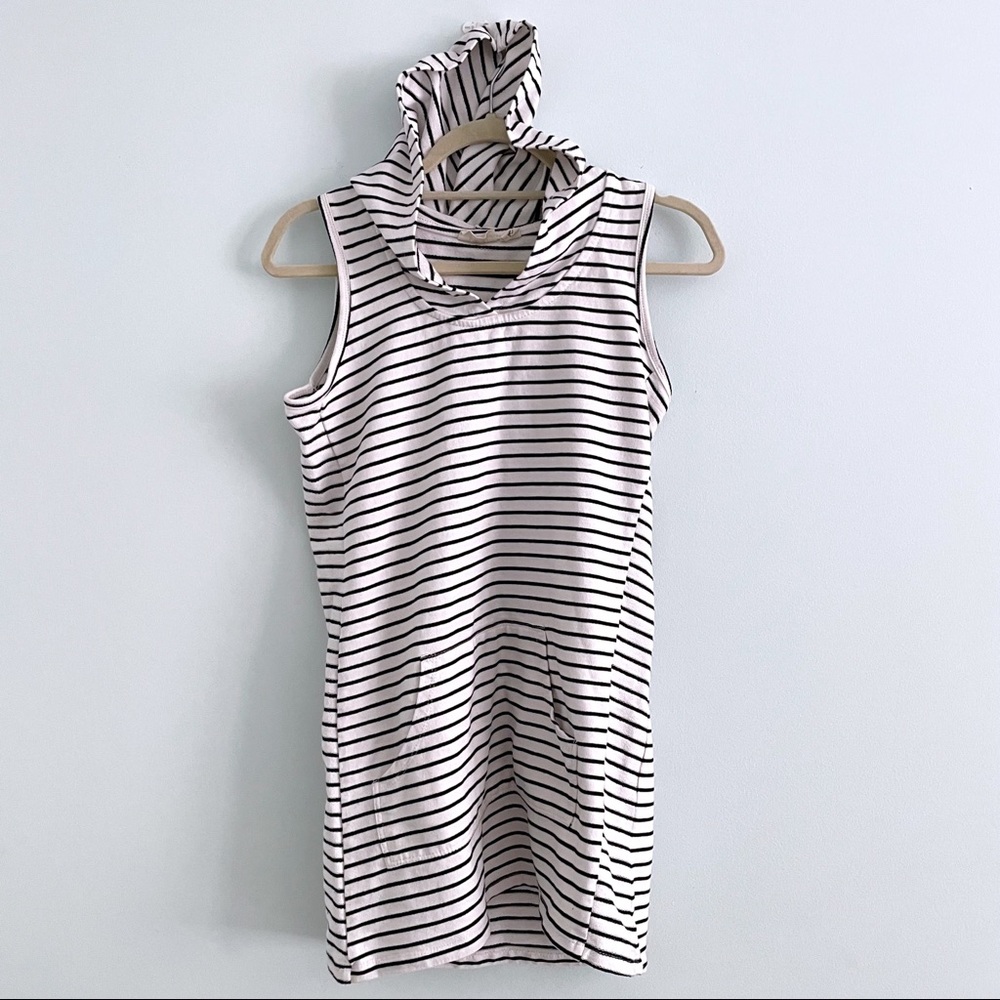 Beach Cover Up Dress w/ Hood Sleeveless in Marine Stripes Black and White Terry